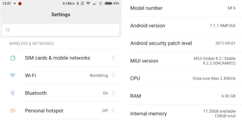 Mi 6 Settings Menu