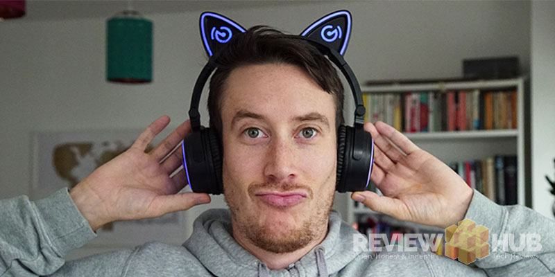 Andy Wearing MindKoo Cat Ear headphones